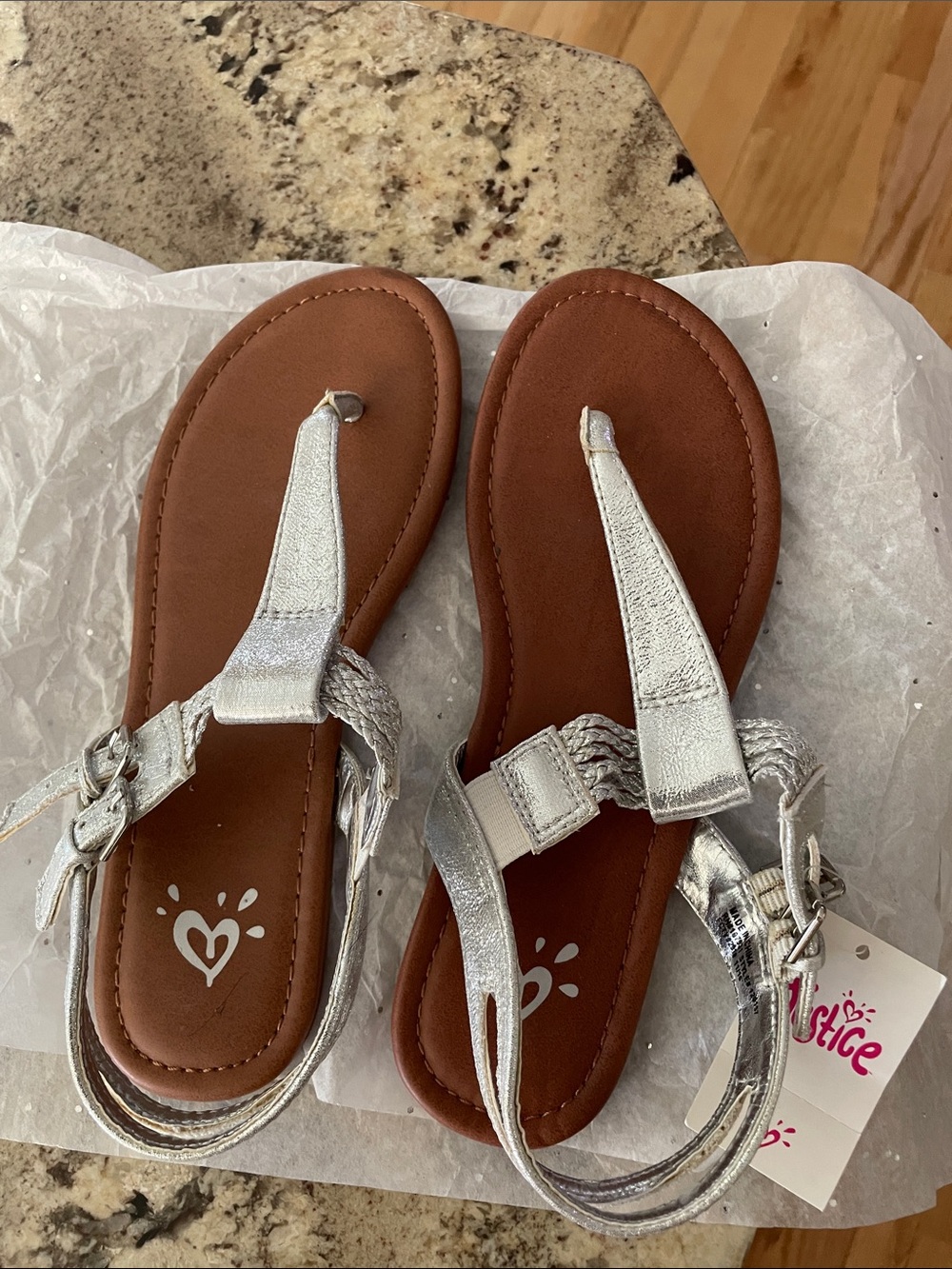 NWT Girls Justice Silver Braided T-Strap Sandals with Brown Footbed